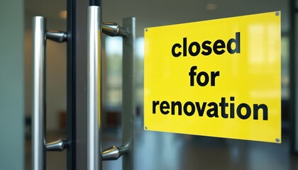 Yellow sign reads closed for renovation on glass door with chrome handles. Information notice about temporary business closure for building improvements, construction, or repairs.