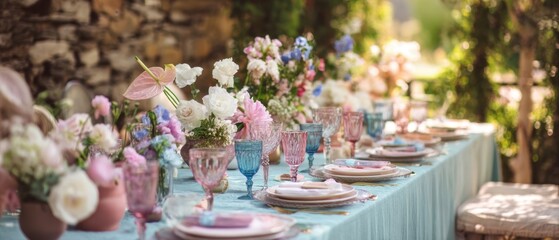 The table set for an elegant outdoor floral garden party with pastel glassware