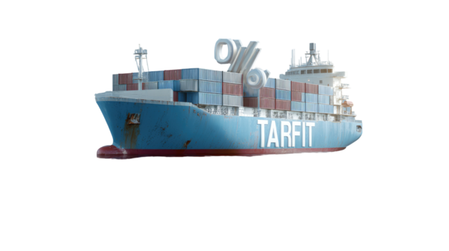 A container ship, weathered and showing signs of age, carries the word "TARIFF" prominently on its hull.  A percentage symbol is positioned above the containers, suggesting a financial impact