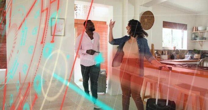 Couple pulling door vacation rental revealing animated floorplan highlight scanning island smiling