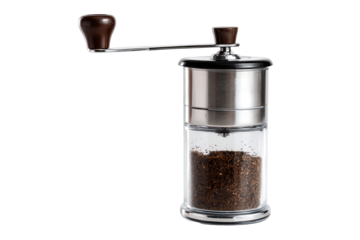 Manual coffee grinder grinding beans, studio shot, dark background, kitchen use