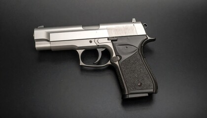 Silver and black handgun rests on a plain dark surface photography