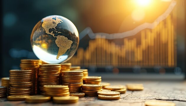 Transparent globe on stacks of gold coins illustrates international market growth. Business strategy graphs, data charts in background signify financial analysis, investment, global economy trends. - Powered by Adobe