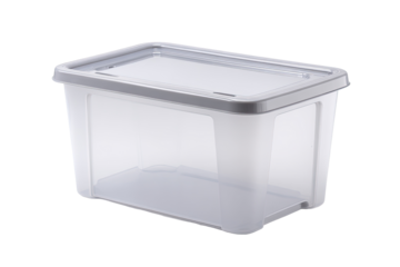 Clear plastic storage box on white background