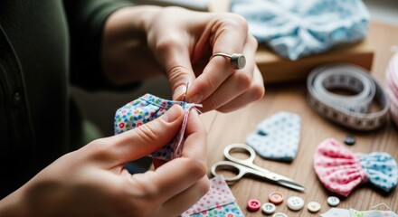 Close-up of a woman's hands sewing a floral fabric.