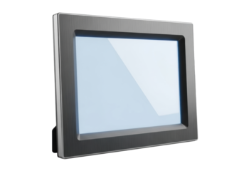 Sleek, ultra-modern digital photo frame with dark charcoal grey brushed aluminum and luminous ethereal blue screen against a transparent background, concept of futuristic elegance