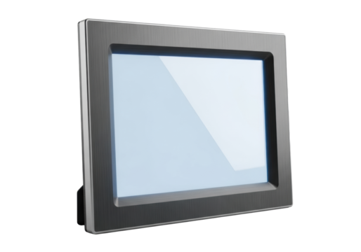 Sleek, ultra-modern digital photo frame with dark charcoal grey brushed aluminum and luminous ethereal blue screen against a transparent background, concept of futuristic elegance