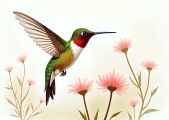 Obraz premium Hummingbird Among Pink Flowers