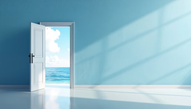 Open white door revealing bright blue ocean, sky, new opportunities, potential. Scene offers copy space on clean blue wall with sunlight shadows, representing business growth, innovation, future