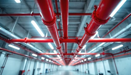 Red pipes form grid across industrial building ceiling. Fire sprinkler system installed for safety. Industrial engineering, construction evident in pipeline network. Modern building infrastructure