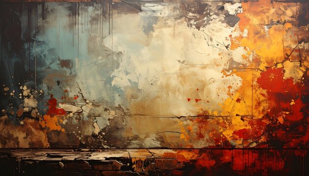 An abstract artwork displays a textured wall with various colors, including earthy tones, vibrant hues, and muted shades, with visible cracks and splatters.