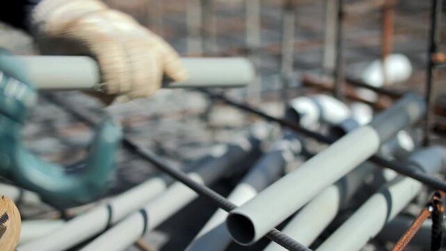 Worker cutting plastic pipe with clamp tool at construction site