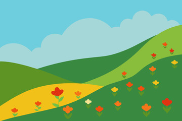 Obraz premium Vibrant cartoon landscape with rolling green hills and colorful flowers under a blue sky
