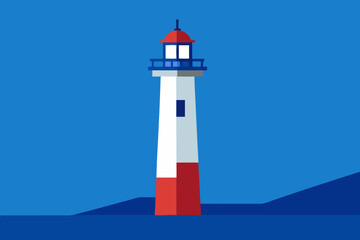 Modern flat design lighthouse standing tall against a deep blue sky