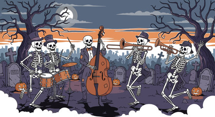 Obraz premium Spooky skeleton band plays jazz in graveyard Halloween night