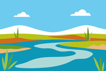 Obraz premium Stylized flat design landscape with winding river and rolling hills