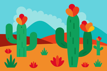 Vibrant desert landscape with blooming cacti and rolling hills under a blue sky