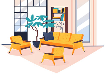 Modern home interior design. Fashionable home decor, sofa, chair, armchairs, carpet and houseplant in a large pot. Apartment items, decor, bookcases, shelves living room, cozy design