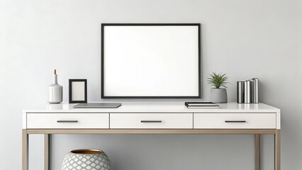 Blank horizontal frame above a modern white desk with minimalist decor and copy space