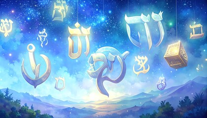 Floating symbols against a celestial backdrop