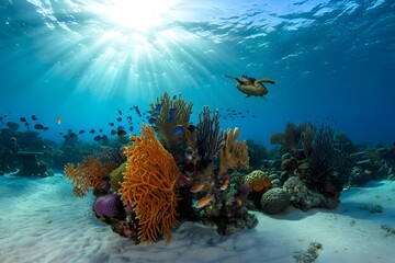 Obraz premium Underwater tropical marine life with colorful coral reefs, fish, and a scuba diver in the Red Sea