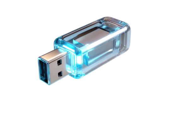 3D rendering of a clear, light-blue USB flash drive.  The drive is rectangular,  with a  silver-toned USB connector.  A  glowing, light-blue inner light is visible