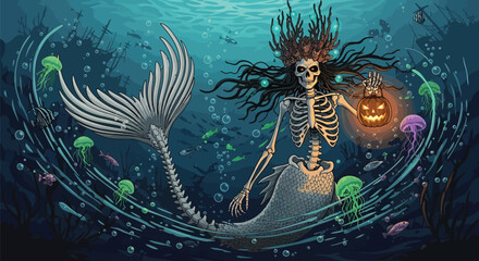 Halloween mermaid skeleton holding pumpkin in the ocean depths