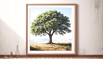 Framed artwork of a mature tree dominates the landscape. 