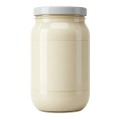 Glass jar filled with creamy white mayonnaise on a black background