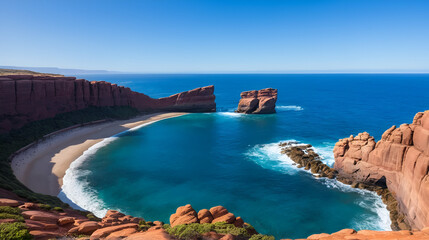 Red rocks meld with blue ocean.