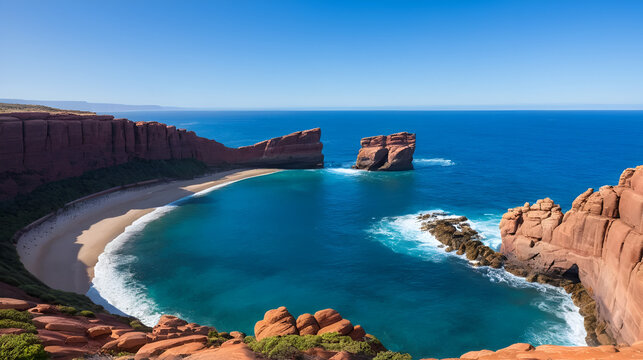 Red rocks meld with blue ocean.