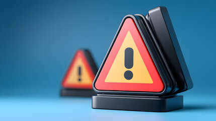 render of a tall pile of black exclamation marks balancing precariously on a blue surface with large side area left for design content balancing stack, blue backdrop, warning marks, isolated 