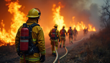 Firefighters in protective gear battle intense wildfire flames, coordinating critical rescue operation with hoses, equipment. Team demonstrates bravery, commitment, collaboration during dangerous