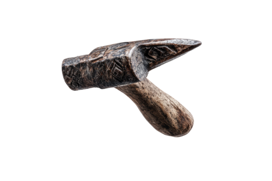 Hand-forged hammer, dark metal head, wood handle