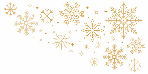 Elegant gold snowflakes and stars scattered on a clean white background for winter holidays