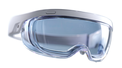 Clear protective eyewear, angled view.  Modern,  lightweight design.  Transparent lenses.  White frame