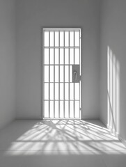 Bright, Empty Prison Cell With Bars Casting Shadows on the Floor During Daylight