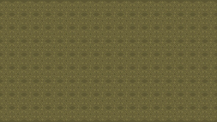 Intricate and delicate interlocking linear pattern with a knot-like design in gold on an olive green background, a seamless repeating pattern