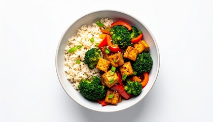 Healthy vegan stir-fry bowl with crispy tofu, broccoli, red peppers, and brown rice on a white background.