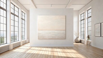 Large square canvas in scandinavian interior with natural light and soft colors