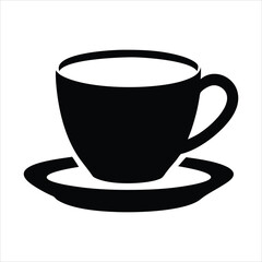Simple black silhouette of a coffee cup and saucer icon