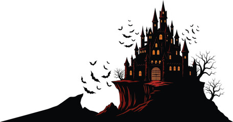 Spooky haunted castle with bats for Halloween designs