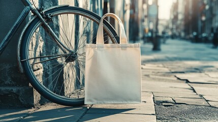 Bicycle wheel and tote bag on a sidewalk in an urban environment.