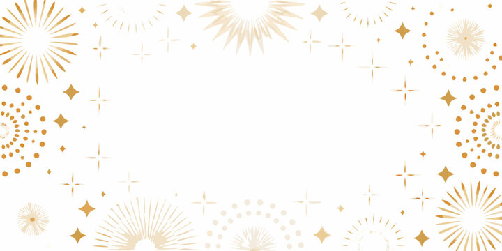 Golden abstract festive fireworks and starbursts border design on a white background