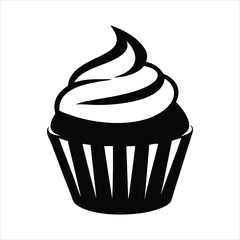Simple black and white cupcake icon with swirl frosting