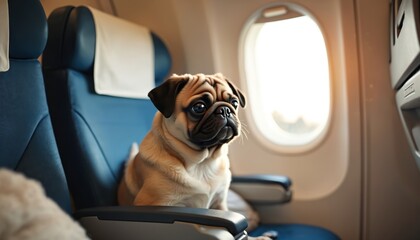 Adorable pug sits in airplane window, looking out window. Cute dog travels by air, experiencing journey. Passenger pet enjoys flight, cute puppy eye expression.
