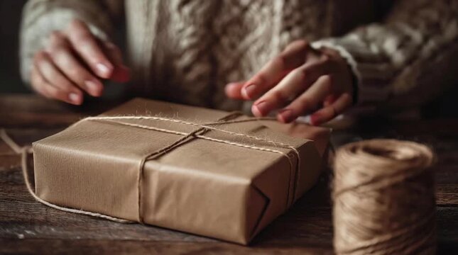 Woman's Hands Tying Jute Twine Around a Brown Paper Wrapped Gift Box on a Rustic Wooden Table for Christmas or Birthday