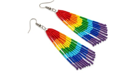 Pair of rainbow colored beaded fringe dangle earrings on white background.