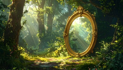 A grand, ornate golden mirror stands in a sunlit enchanted forest, showcasing a vibrant and magical scene within.
