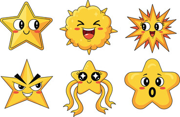 Cute expressive star characters, funny cartoon stars with various emotions, colorful kawaii star icons, playful star illustrations, happy and surprised star emojis